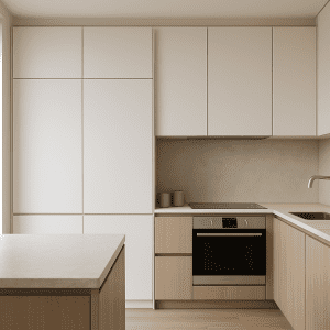 Cocina con mobiliario uniforme en tonos blanco mate y madera