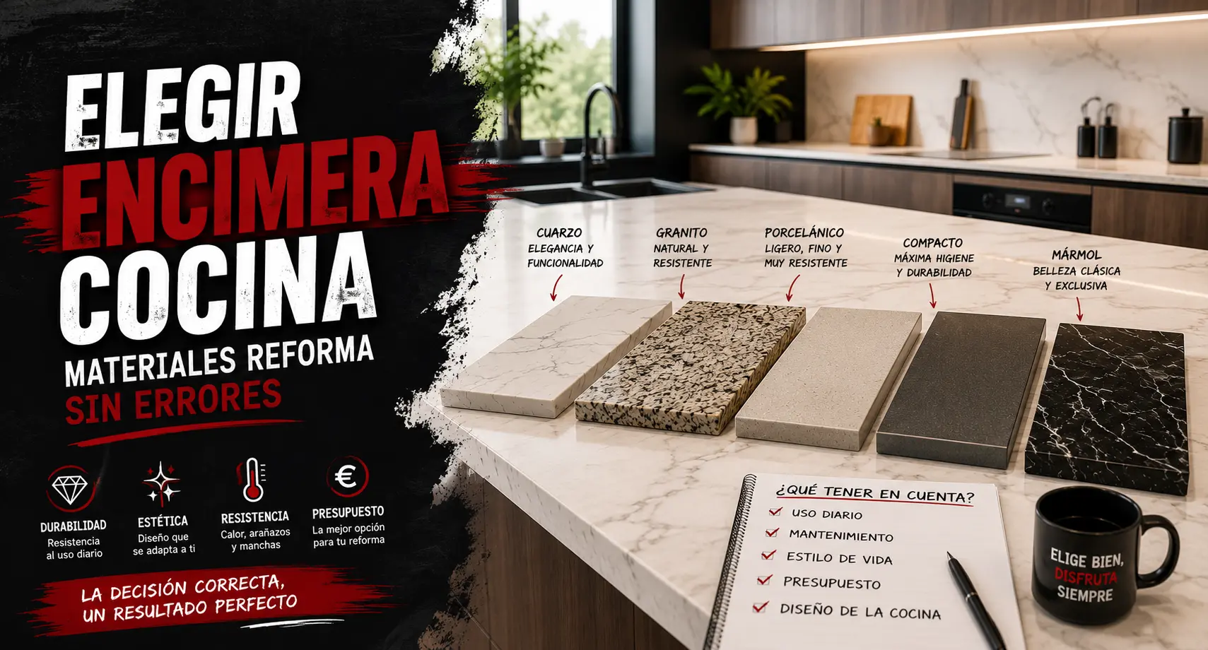 elegir encimera cocina materiales reforma sin errores